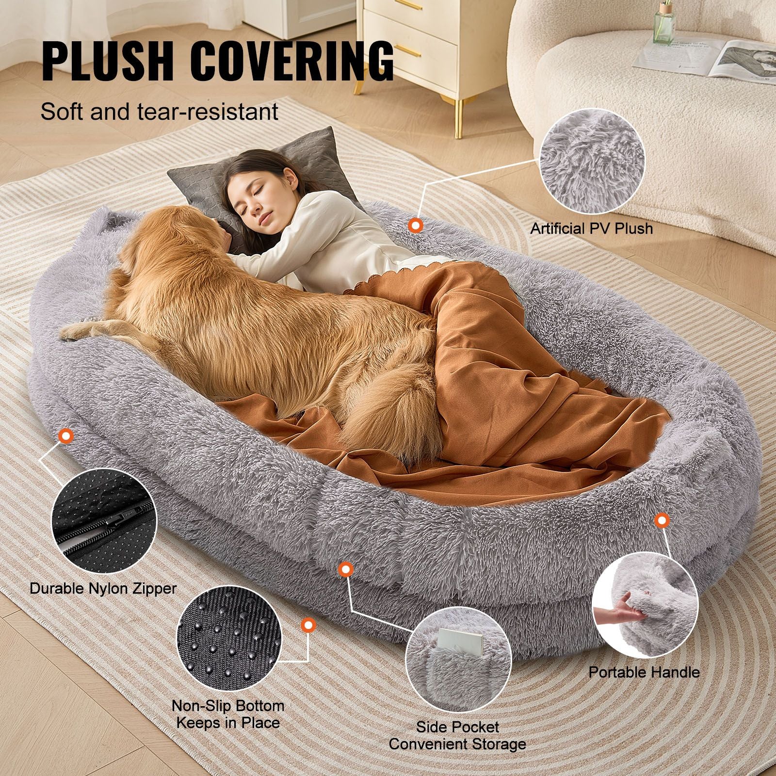 Human Dog Bed 1820x1220x250 mm Human Size Dog Bean Bed Washable PV Velvet-Pet Care > Dog Supplies > Dog Beds-PEROZ Accessories
