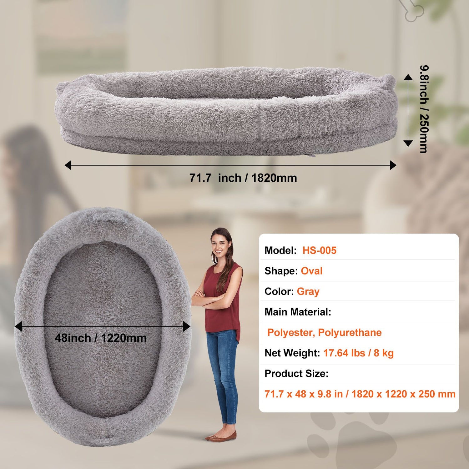 Human Dog Bed 1820x1220x250 mm Human Size Dog Bean Bed Washable PV Velvet-Pet Care > Dog Supplies > Dog Beds-PEROZ Accessories