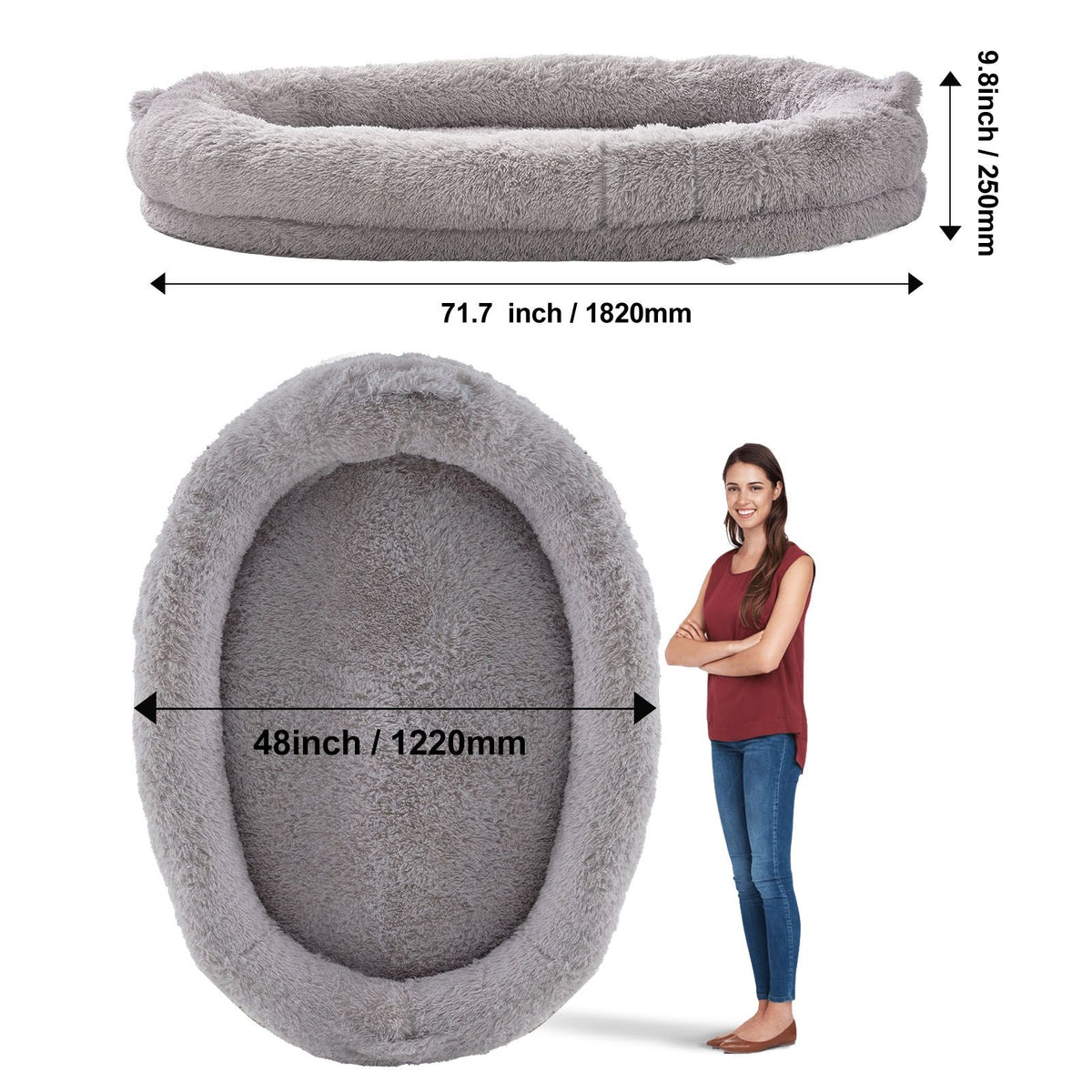 Human Dog Bed 1820x1220x250 mm Human Size Dog Bean Bed Washable PV Velvet-Pet Care > Dog Supplies > Dog Beds-PEROZ Accessories
