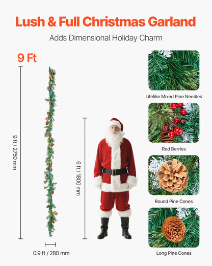 VEVOR Christmas Garland, 2750mm Artificial Christmas Garland with Light String, Faux Greenery Decoration with Berry Clusters, Pine Needles, Pine Cones, Realistic Xmas Collection for Mantel Fireplace-Occasions &gt; Christmas &gt; Christmas Wreaths &amp; Garlands-PEROZ Accessories