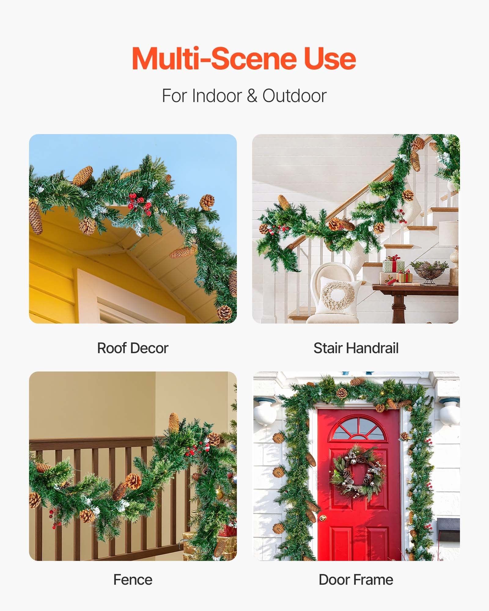 VEVOR Christmas Garland, 2750mm Artificial Christmas Garland with Light String, Faux Greenery Decoration with Berry Clusters, Pine Needles, Pine Cones, Realistic Xmas Collection for Mantel Fireplace-Occasions &gt; Christmas &gt; Christmas Wreaths &amp; Garlands-PEROZ Accessories