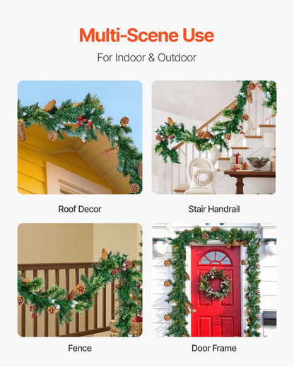 VEVOR Christmas Garland, 2750mm Artificial Christmas Garland with Light String, Faux Greenery Decoration with Berry Clusters, Pine Needles, Pine Cones, Realistic Xmas Collection for Mantel Fireplace-Occasions &gt; Christmas &gt; Christmas Wreaths &amp; Garlands-PEROZ Accessories