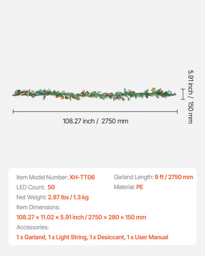 VEVOR Christmas Garland, 2750mm Artificial Christmas Garland with Light String, Faux Greenery Decoration with Berry Clusters, Pine Needles, Pine Cones, Realistic Xmas Collection for Mantel Fireplace-Occasions &gt; Christmas &gt; Christmas Wreaths &amp; Garlands-PEROZ Accessories