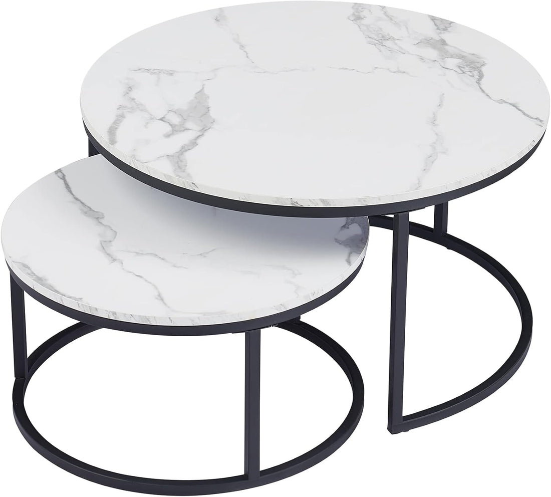 Nesting Coffee Table Faux Marble Small Round Coffee Tables - Black-Furniture > Living Room > Coffee Tables-PEROZ Accessories