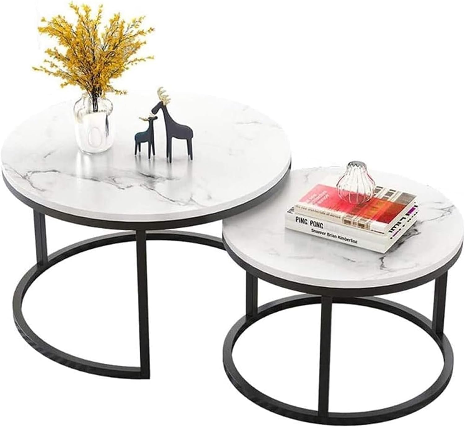 Nesting Coffee Table Faux Marble Small Round Coffee Tables - Black-Furniture > Living Room > Coffee Tables-PEROZ Accessories
