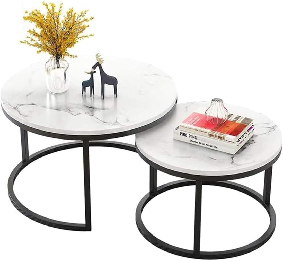 Nesting Coffee Table Faux Marble Small Round Coffee Tables - White-Furniture > Living Room > Coffee Tables-PEROZ Accessories