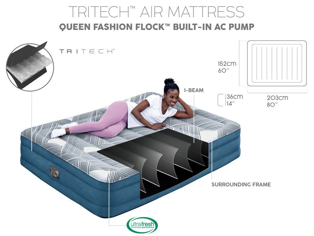 Bestway 2.03m x 1.52m x 36cm Tritech Fashion Flock comfortable inflatable Air Mattress Queen Built-in AC Pump-Outdoor Recreation &gt; Camping &gt; Inflatable Mattresses-PEROZ Accessories