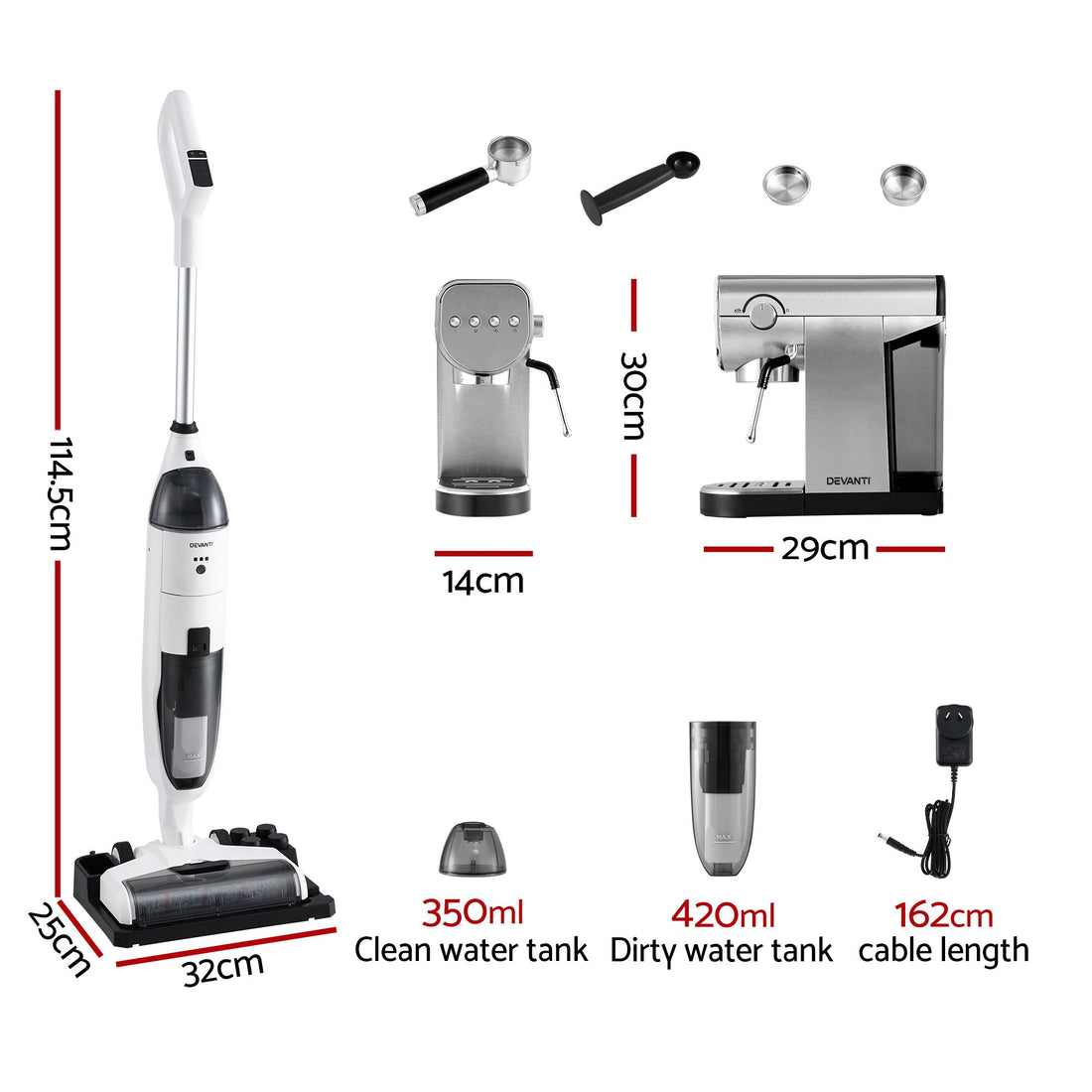 Devanti Cordless Wet Dry Vacuum Mop plus Coffee Maker Machine Espresso-Appliances > Vacuum Cleaners > Stick Vacuums-PEROZ Accessories