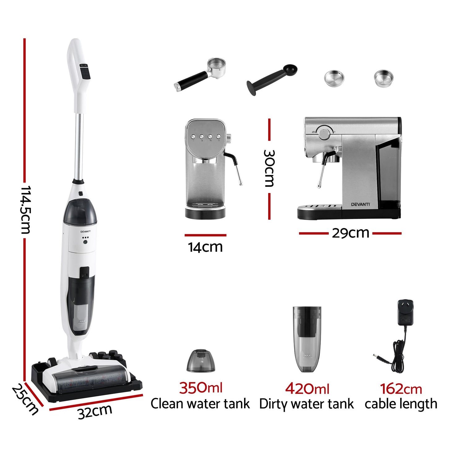 Devanti Cordless Wet Dry Vacuum Mop plus Coffee Maker Machine Espresso
