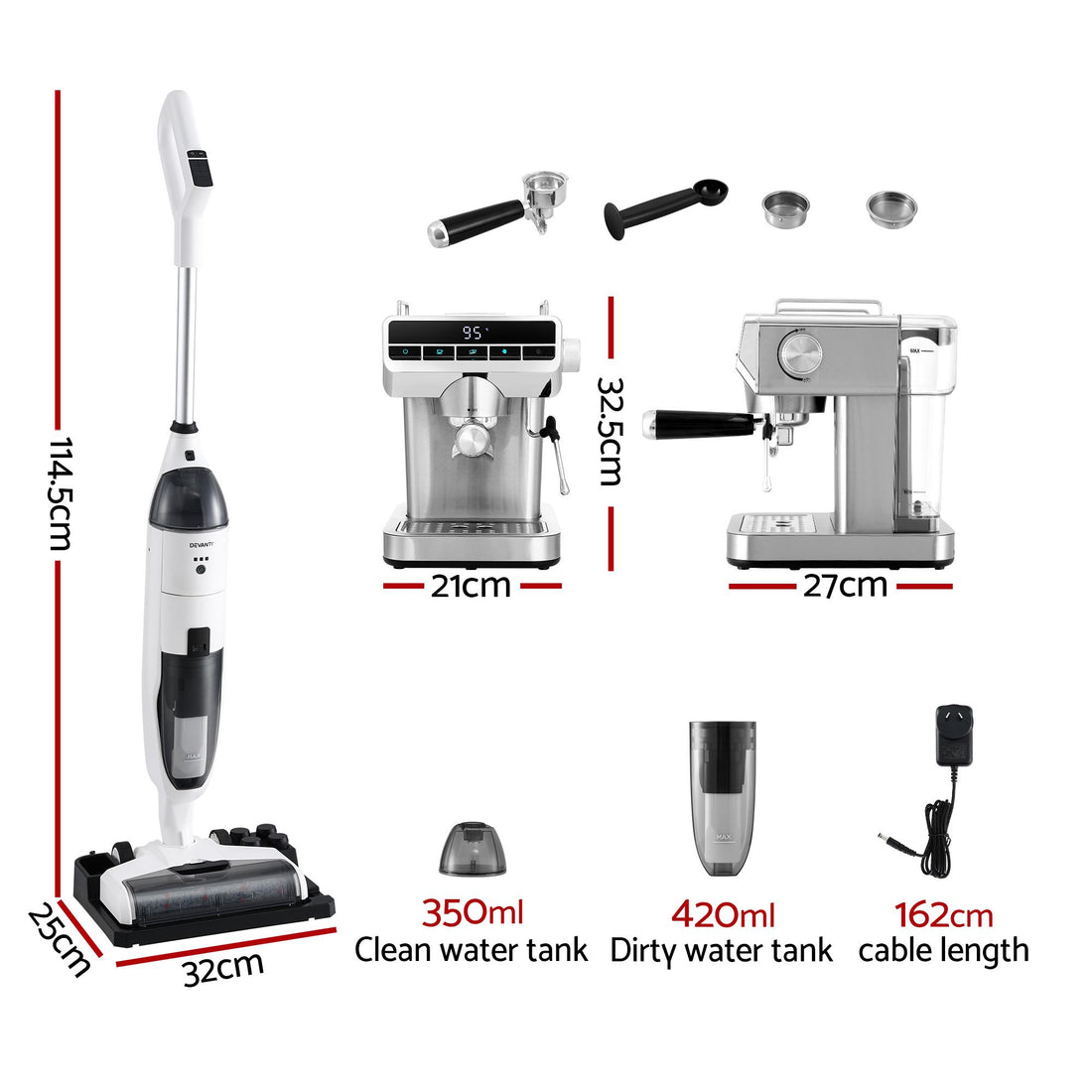 Devanti Cordless Wet Dry Vacuum Mop plus Coffee Maker Machine Espresso-Appliances > Vacuum Cleaners > Stick Vacuums-PEROZ Accessories