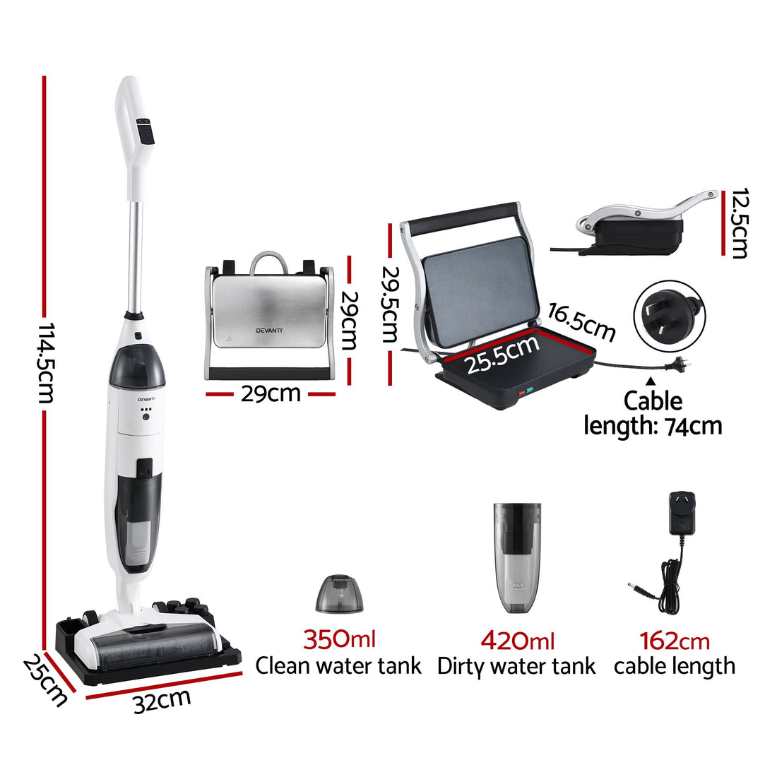 Devanti Cordless Wet Dry Vacuum Mop plus Sandwich Maker Panini Press-Appliances > Vacuum Cleaners > Stick Vacuums-PEROZ Accessories