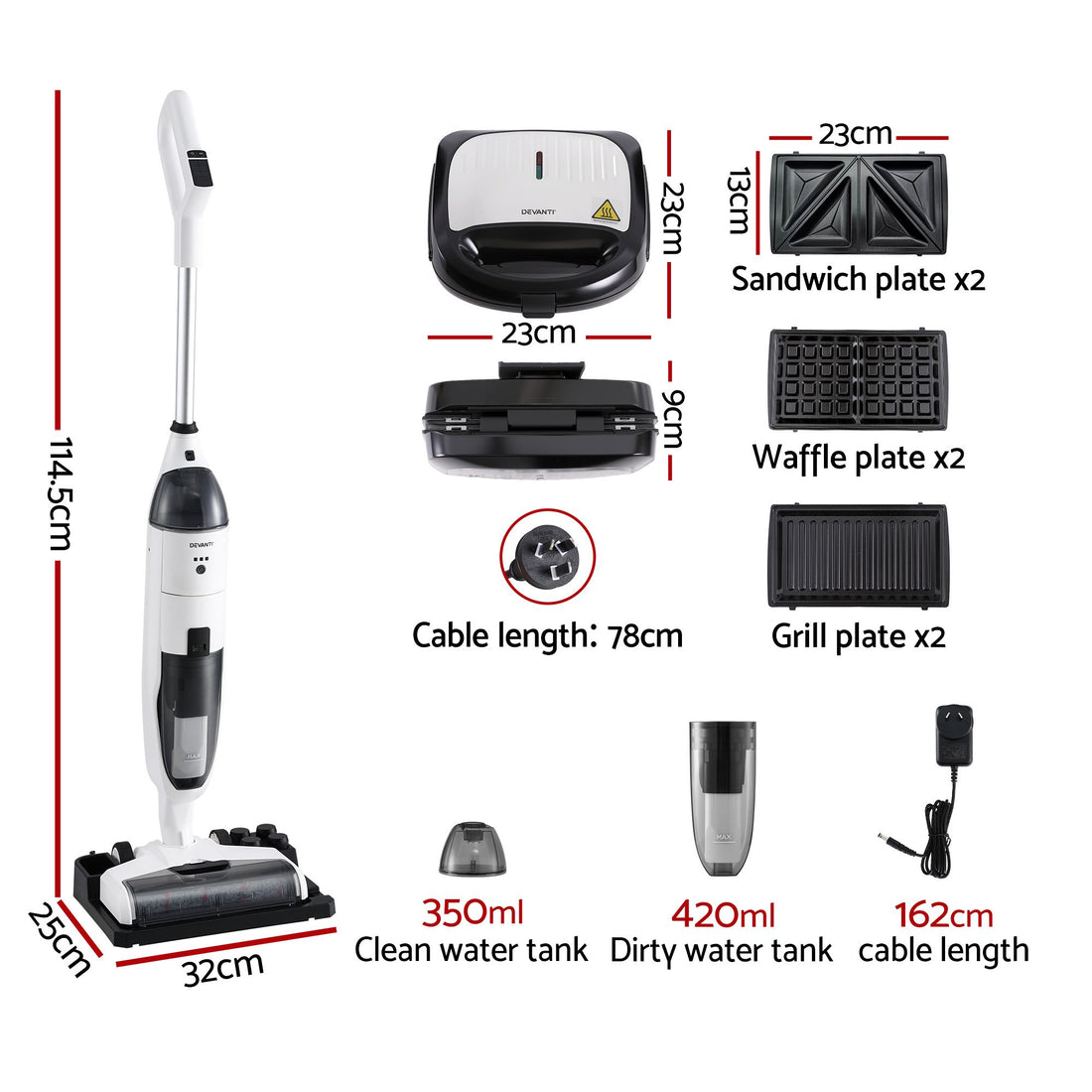 Devanti Cordless Wet Dry Vacuum Mop plus 3-in-1 Sandwich Waffle Maker-Appliances > Vacuum Cleaners > Stick Vacuums-PEROZ Accessories