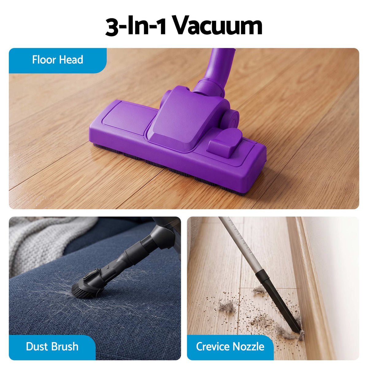 Devanti 3-in-1 Corded Stick Vacuum Cleaner, 16000Pa Strong Suction, Purple-Appliances > Vacuum Cleaners > Stick Vacuums-PEROZ Accessories