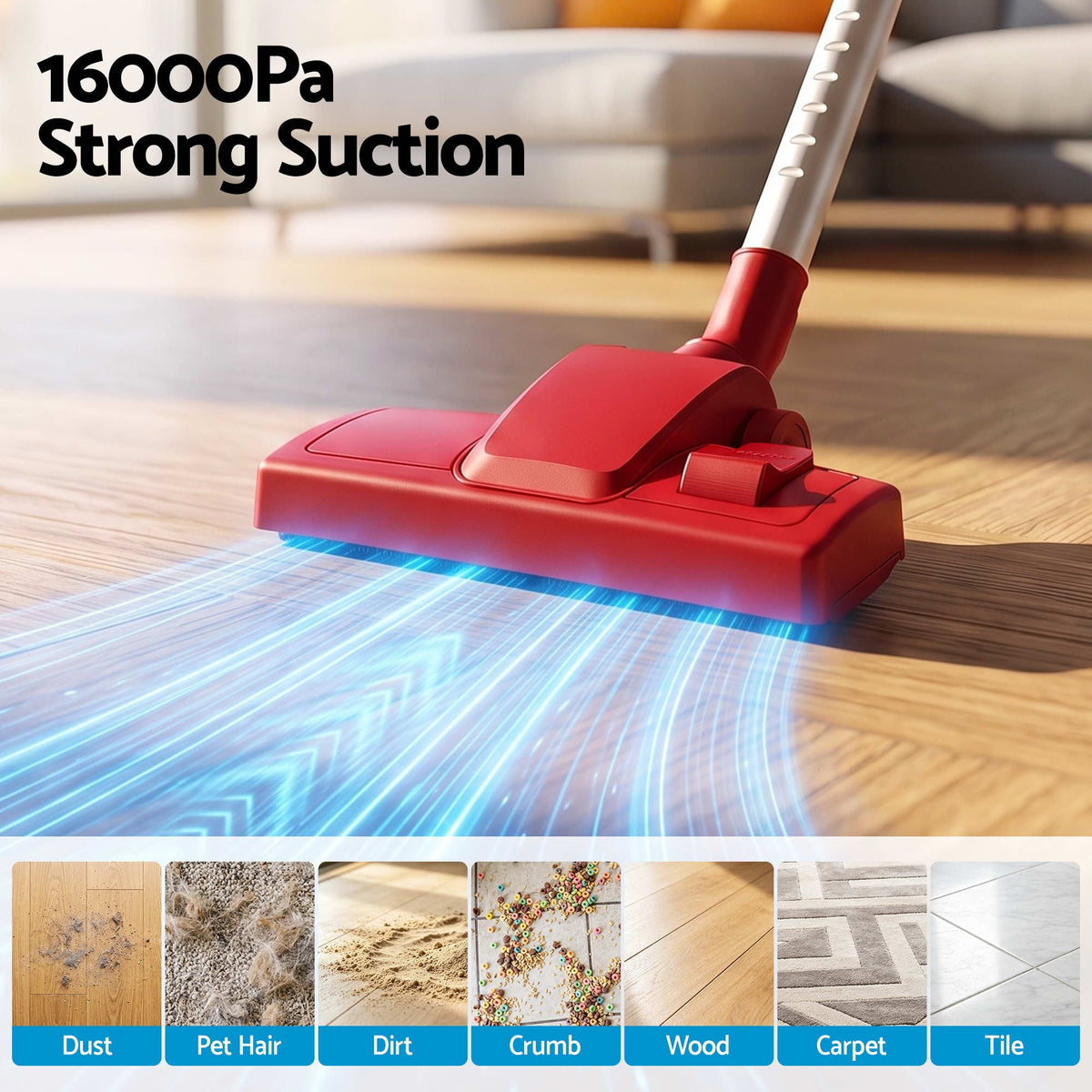 Devanti 3-in-1 Corded Stick Vacuum Cleaner, 16000Pa Strong Suction, Red-Appliances > Vacuum Cleaners > Stick Vacuums-PEROZ Accessories