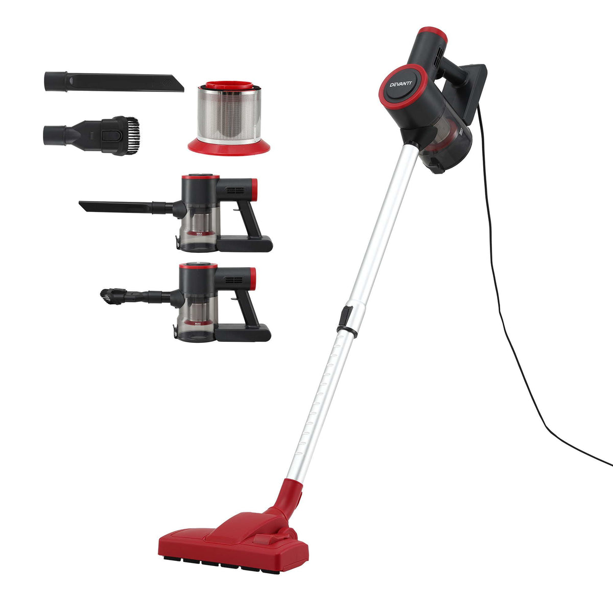 Devanti 3-in-1 Corded Stick Vacuum Cleaner, 16000Pa Strong Suction, Red-Appliances > Vacuum Cleaners > Stick Vacuums-PEROZ Accessories