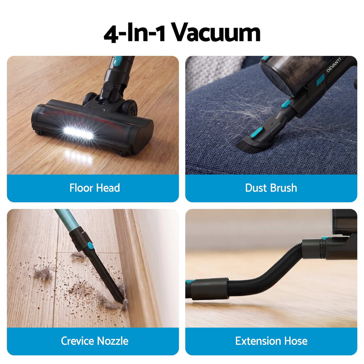 DEVANTI 30000Pa Cordless Stick Vacuum Cleaner 4-in-1 Handheld Vac, Green-Appliances > Vacuum Cleaners > Stick Vacuums-PEROZ Accessories