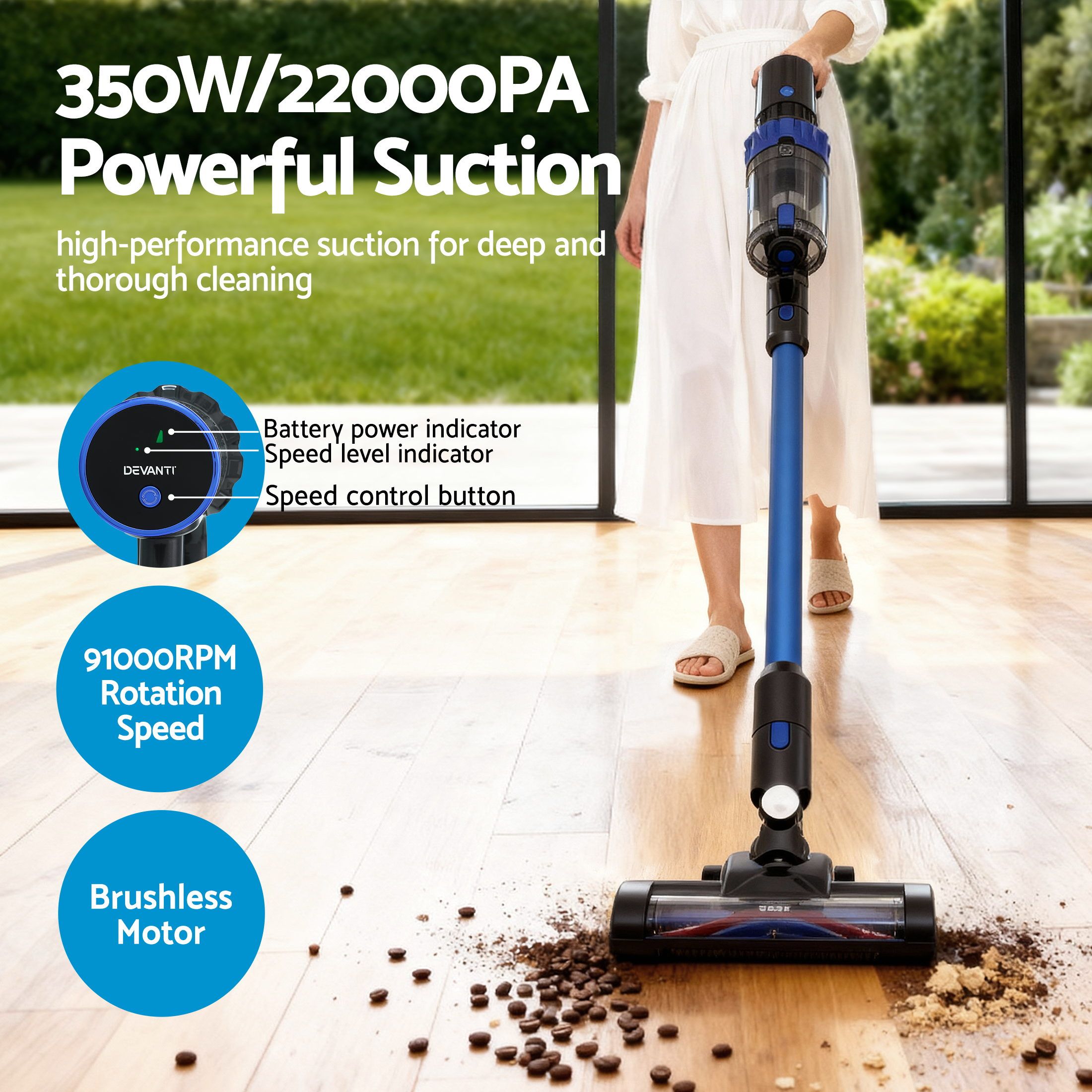 Devanti Stick Vacuum Cleaner Brushless Cordless 350W Blue-Appliances > Vacuum Cleaners > Vacuum Cleaner Accessories-PEROZ Accessories
