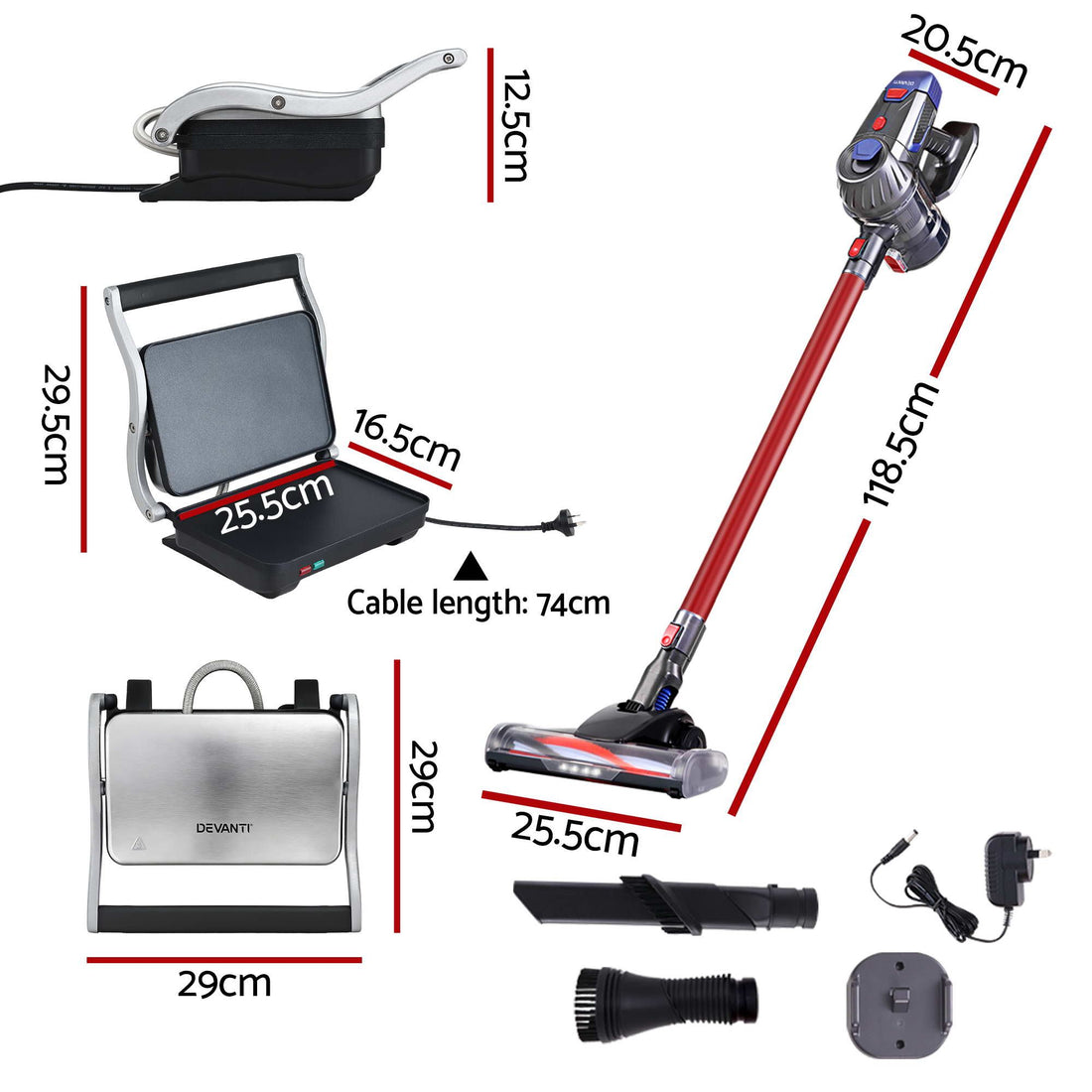 Devanti K7 Cordless Stick Vacuum Cleaner plus Sandwich Maker Panini Press-Appliances > Vacuum Cleaners > Stick Vacuums-PEROZ Accessories