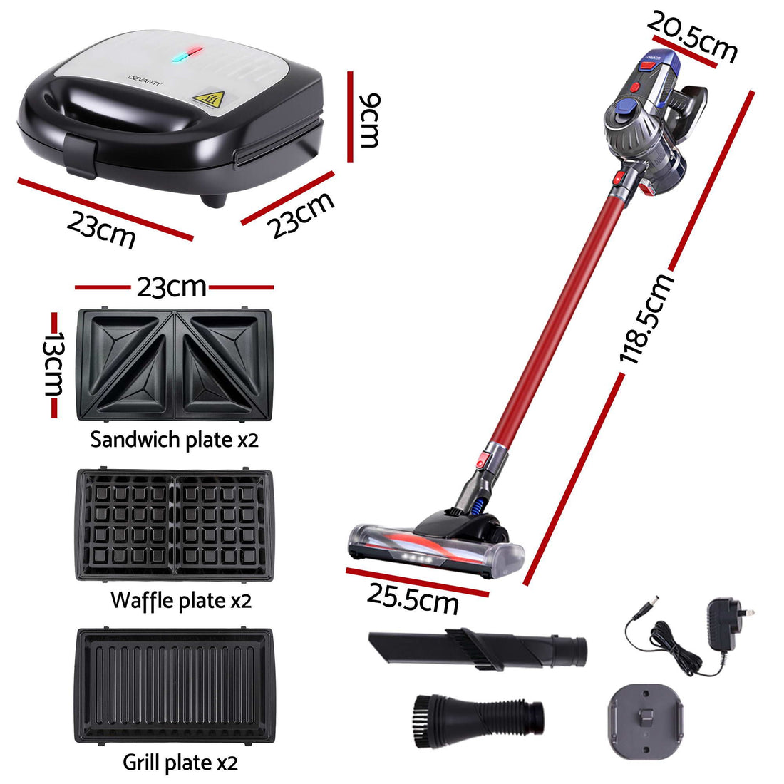 Devanti K7 Cordless Stick Vacuum Cleaner plus 3-in-1 Sandwich Maker-Appliances > Vacuum Cleaners > Stick Vacuums-PEROZ Accessories