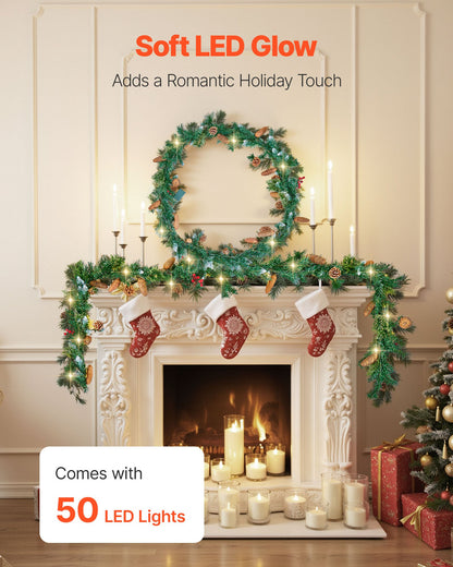 VEVOR Christmas Garland, 2750mm Artificial Christmas Garland with Light String, Faux Greenery Decoration with Berry Clusters, Pine Needles, Pine Cones, Realistic Xmas Collection for Mantel Fireplace-Occasions > Christmas > Christmas Wreaths &amp; Garlands-PEROZ Accessories
