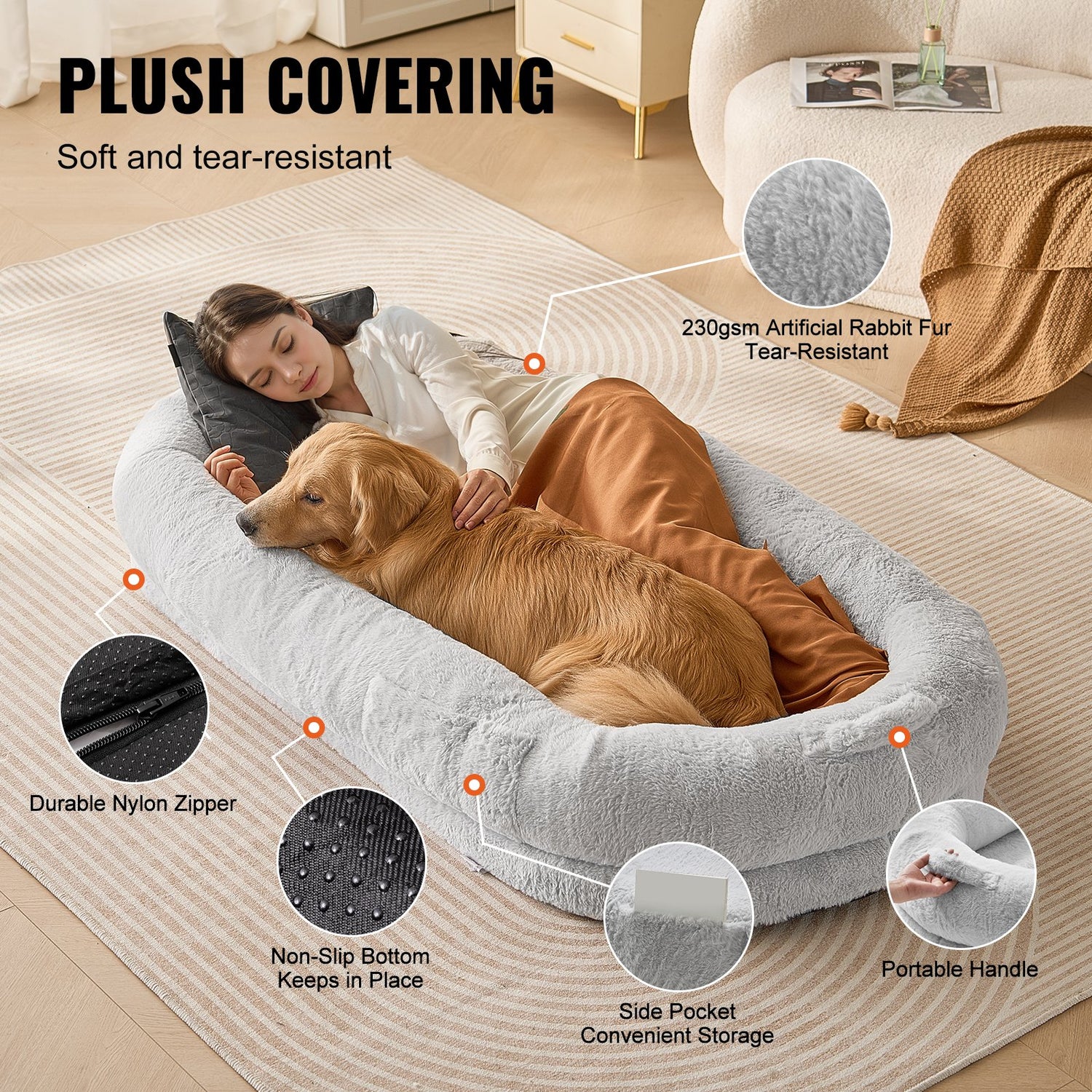 VEVOR Human Dog Bed 1720x890x250 mm Human Size Dog Bed Washable Faux Rabbit Fur-Pet Care > Dog Supplies > Dog Beds-PEROZ Accessories
