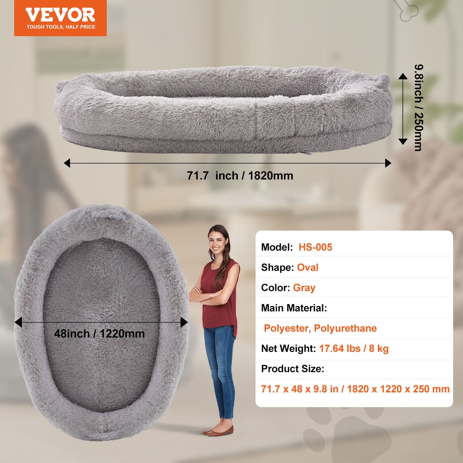 VEVOR Human Dog Bed 1820x1220x250 mm Human Size Dog Bean Bed Washable PV Velvet-Pet Care > Dog Supplies > Dog Beds-PEROZ Accessories