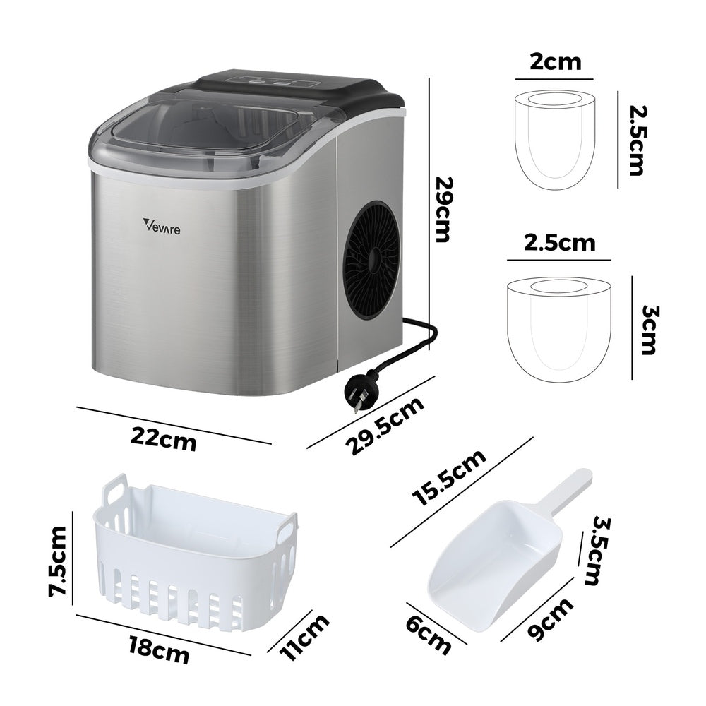 Vevare Portable Ice Maker with Ice Cube Scoop 12kg Stainless-Ice Maker-PEROZ Accessories