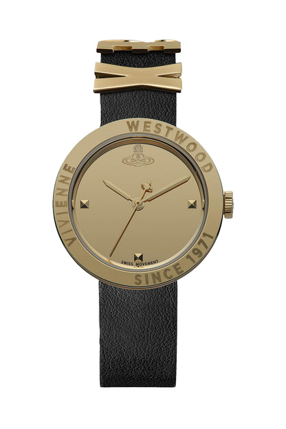 Vivienne Westwood Rebel Sex Gold Dial Black Leather Watch-PEROZ Accessories