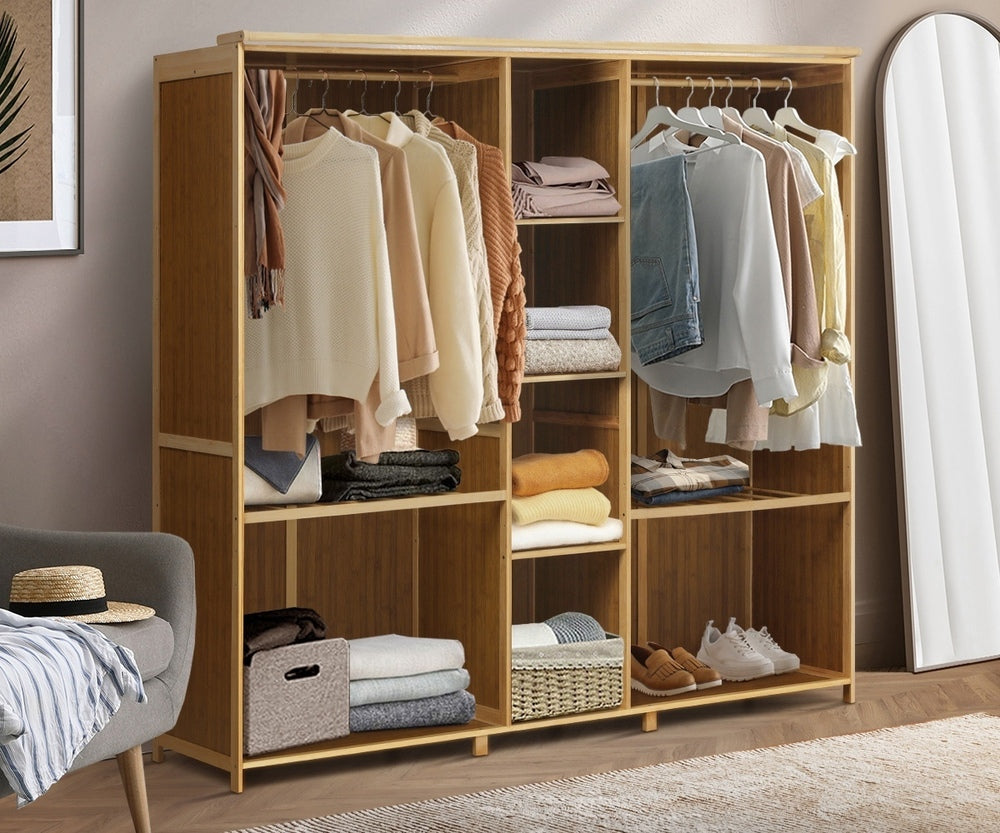 Oikiture Open Wardrobe Clothes Storage Hanging Rail Bamboo-Wardrobe-PEROZ Accessories