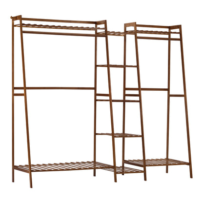 Oikiture Clothes Rack Open Wardrobe Hanging Rail Bamboo 9 Shelves-Wardrobe-PEROZ Accessories
