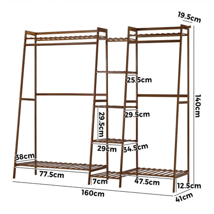 Oikiture Clothes Rack Open Wardrobe Hanging Rail Bamboo 9 Shelves-Wardrobe-PEROZ Accessories