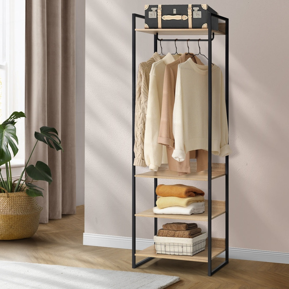 Oikiture Clothes Rack Open Wardrobe 4 shelves Hanging Rail Metal-Wardrobe-PEROZ Accessories