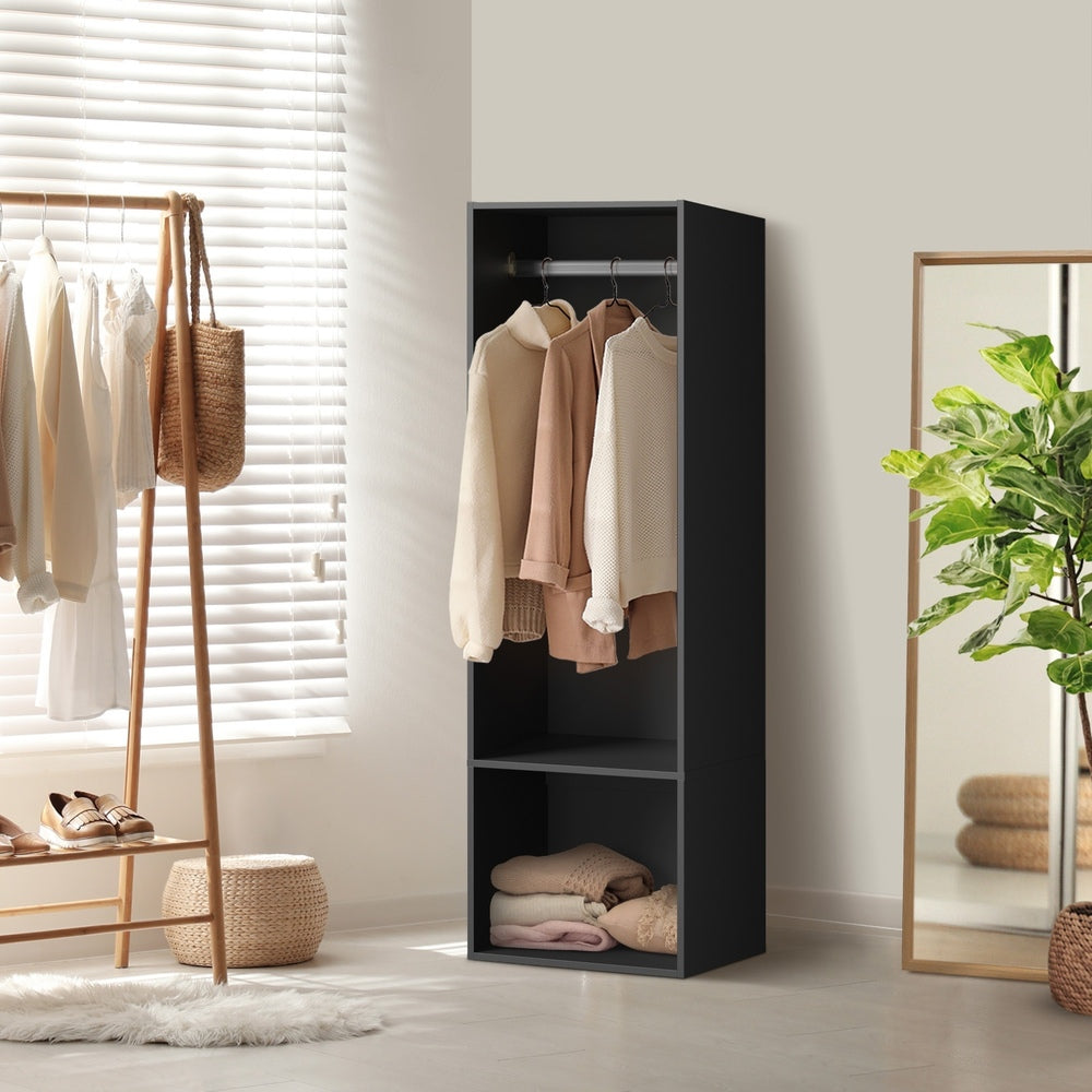 Oikiture Open Wardrobe Shelf Unit 2 Shelves Hanging Rail Black-Wardrobe-PEROZ Accessories