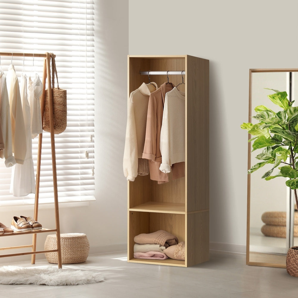 Oikiture Open Wardrobe 2 Shelves Hanging Rail Natural-Wardrobe-PEROZ Accessories