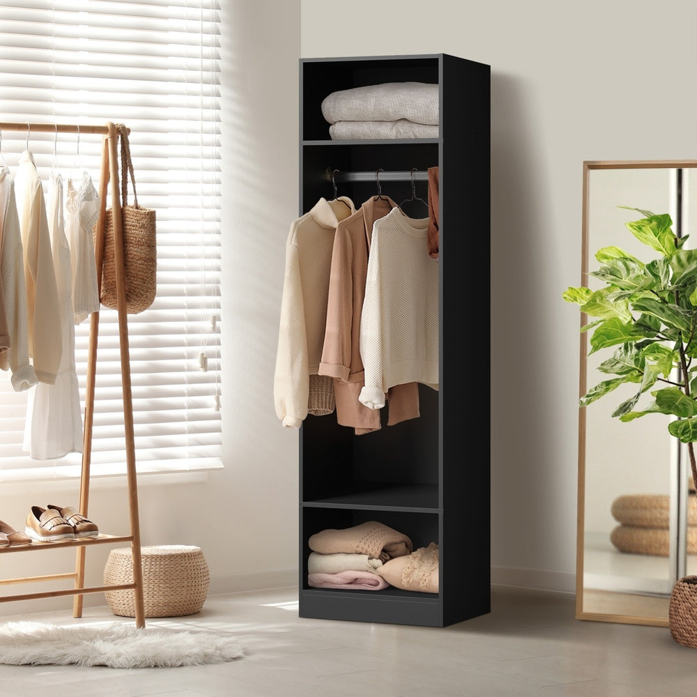 Oikiture Open Wardrobe Shelf Unit 3 Shelves Hanging Rail Black-Wardrobe-PEROZ Accessories