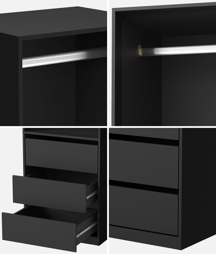 Oikiture Open Wardrobe Shelf Unit 3 Drawers Hanging Rail Black-Wardrobe-PEROZ Accessories