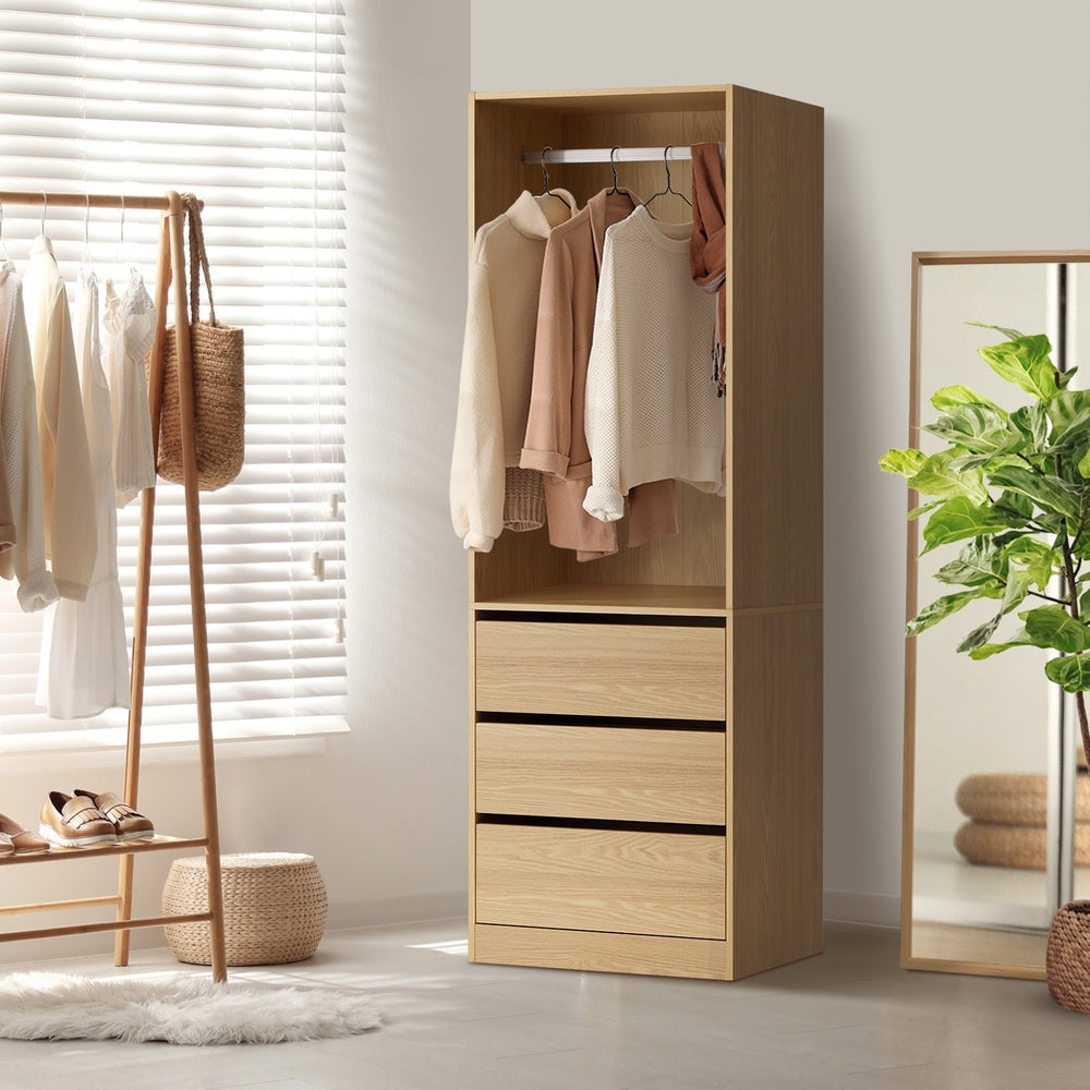 Oikiture Wardrobe 3 Drawers Hanging Rail Natural-Wardrobe-PEROZ Accessories