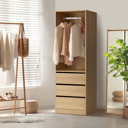 Oikiture Wardrobe 3 Drawers Hanging Rail Natural-Wardrobe-PEROZ Accessories
