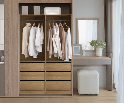 Oikiture Wardrobe 3 Drawers Hanging Rail Natural-Wardrobe-PEROZ Accessories