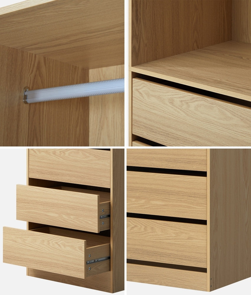 Oikiture Wardrobe 3 Drawers Hanging Rail Natural-Wardrobe-PEROZ Accessories