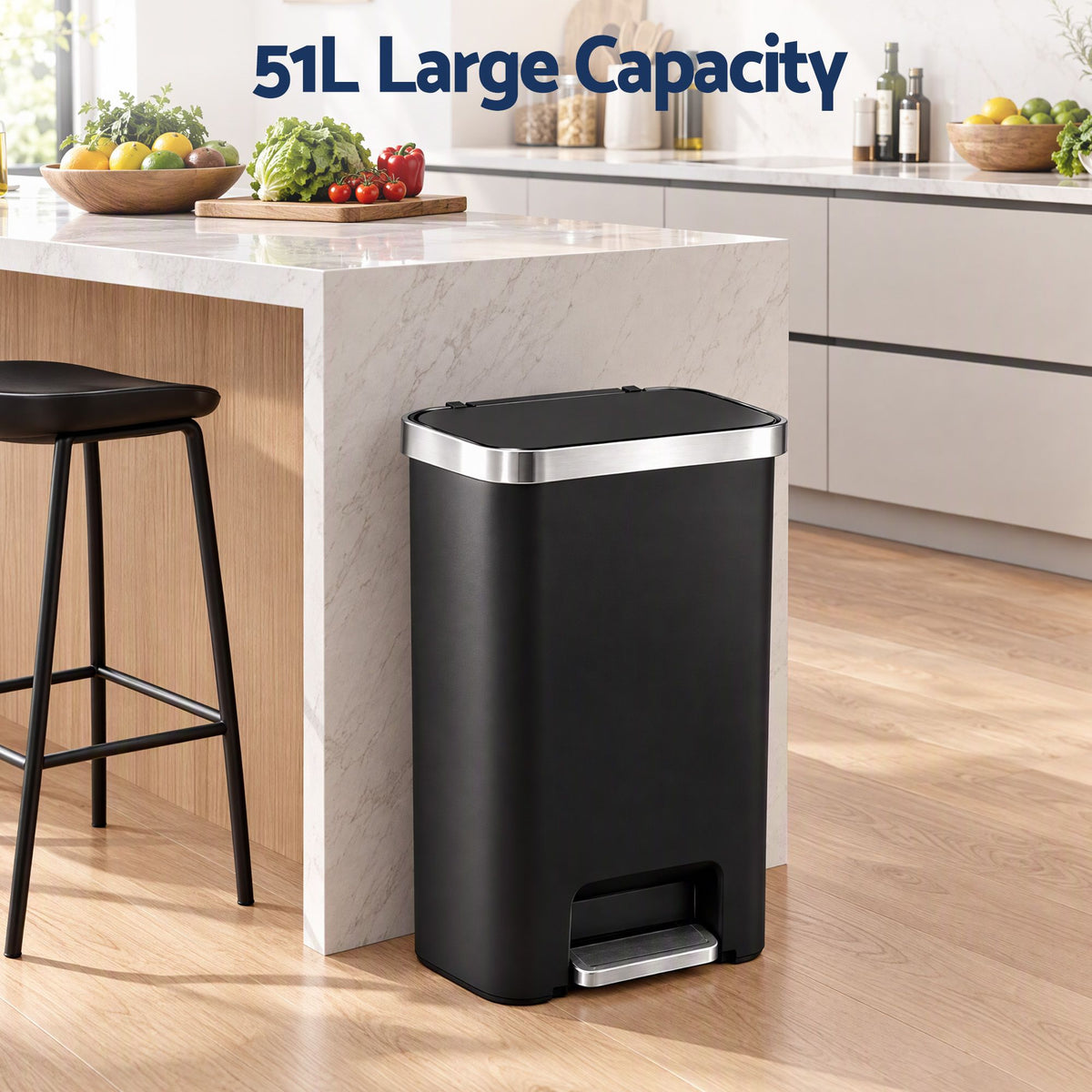 Artiss Rubbish Bin 51L Kitchen Pedal Soft Close Lid Liner Pocket Black