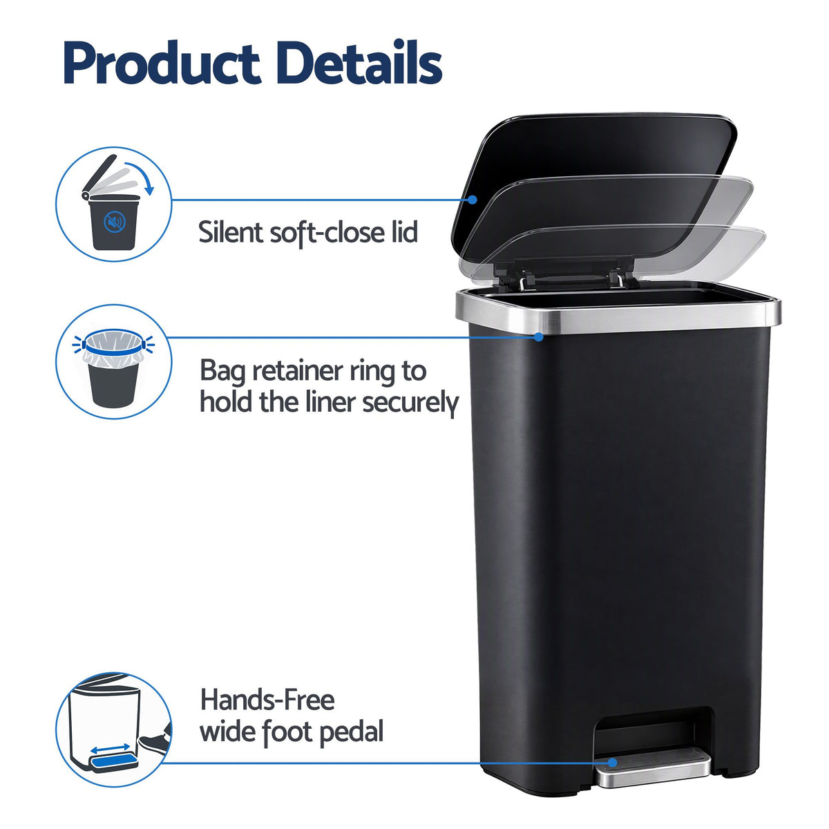Artiss Rubbish Bin 51L Kitchen Pedal Soft Close Lid Liner Pocket Black