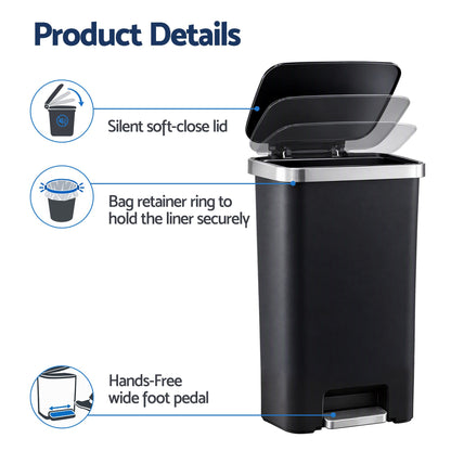 Artiss Rubbish Bin 51L Kitchen Pedal Soft Close Lid Liner Pocket Black