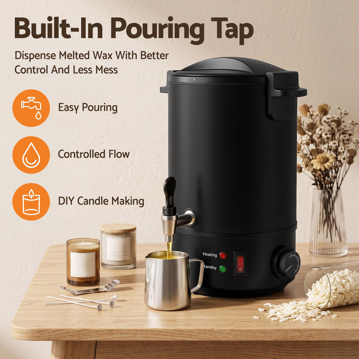 Devanti 6L Wax Melter Candle Making 1520W Melting Pot Furnace Quick Pour Spout Soy Soap-Home &amp; Garden > Decor > Candle Accessories-PEROZ Accessories