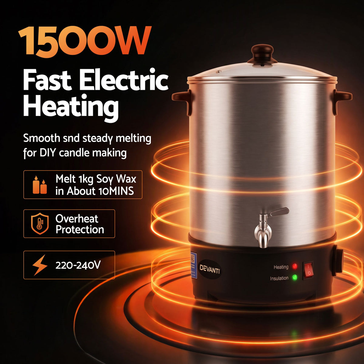 Devanti 16L Wax Melter Candle Making 1500W Melting Pot Furnace Quick Pour Spout Soy Soap-Home &amp; Garden > Decor > Candle Accessories-PEROZ Accessories