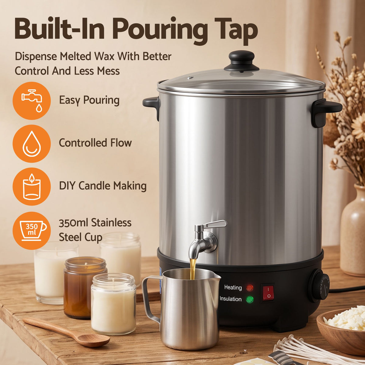 Devanti 16L Wax Melter Candle Making 1500W Melting Pot Furnace Quick Pour Spout Soy Soap-Home &amp; Garden > Decor > Candle Accessories-PEROZ Accessories