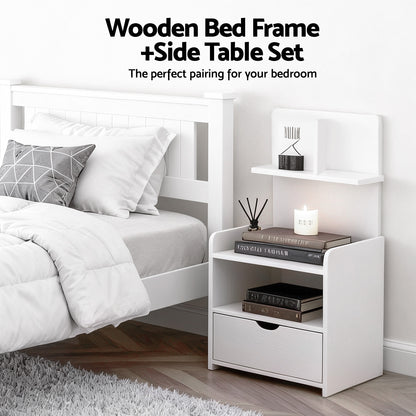 Artiss King Single Bed Frame and Bedside Table White-Furniture &gt; Bedroom &gt; Beds &amp; Bed Frames-PEROZ Accessories
