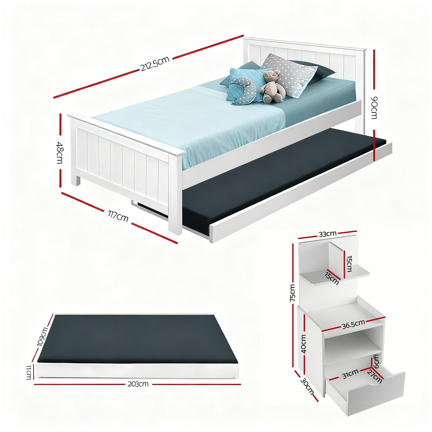Artiss King Single Bed Frame and Bedside Table White-Furniture &gt; Bedroom &gt; Beds &amp; Bed Frames-PEROZ Accessories