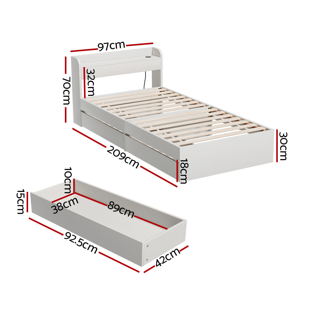 Artiss Bed Frame Single Size Mattress Base wtih Charging Ports 2 Storage Drawers-Furniture &gt; Living Room-PEROZ Accessories