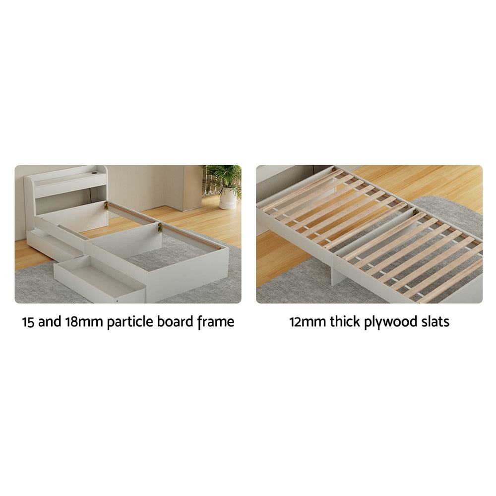 Artiss Bed Frame Single Size Mattress Base wtih Charging Ports 2 Storage Drawers-Furniture &gt; Living Room-PEROZ Accessories
